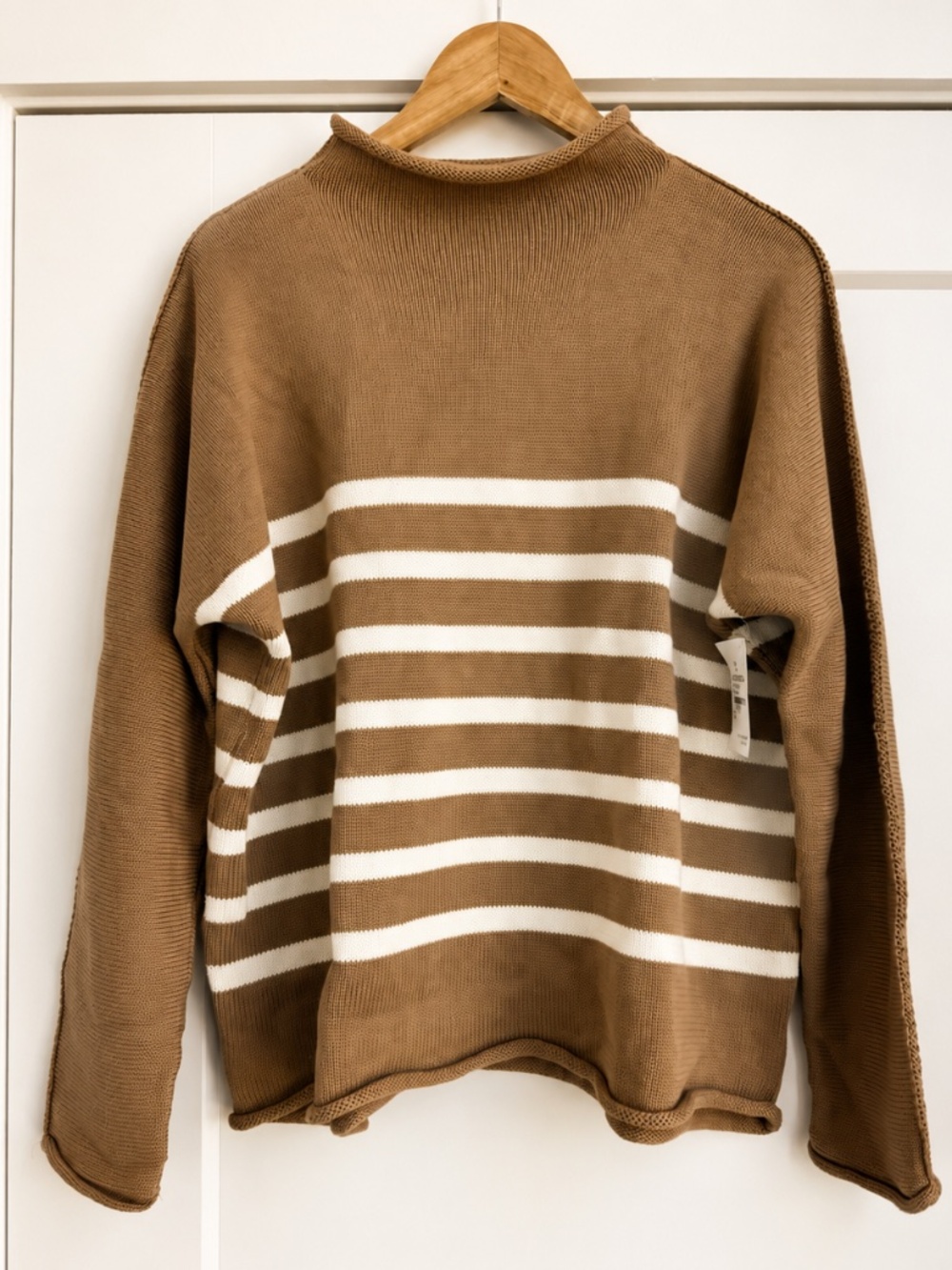 NEW Frank & Eileen Monterey Cotton Sweater in Camel Cream Stripe, Medium